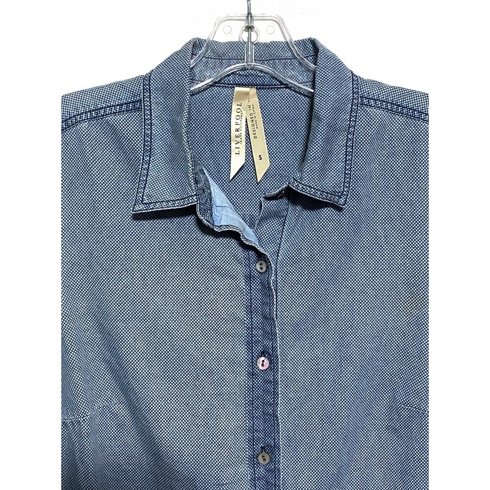 Liverpool Blue Chambray Fitted Button Down Shirt Women S Geometric Flowy Classic - Picture 2 of 8